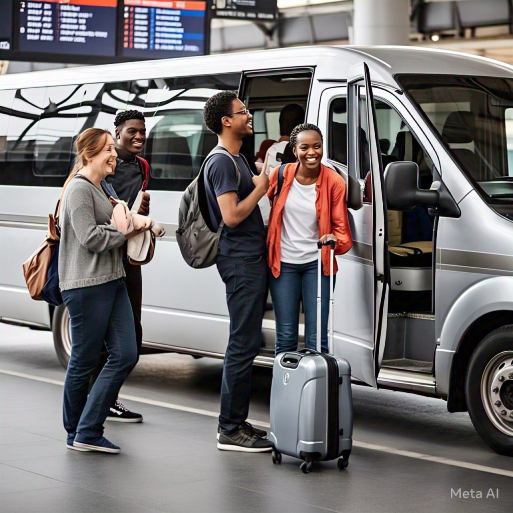 people standing outside a minibus at the airport